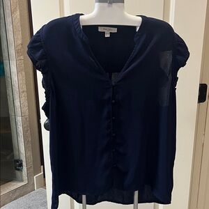Navy Ruffle Sleeve Button-Up Blouse